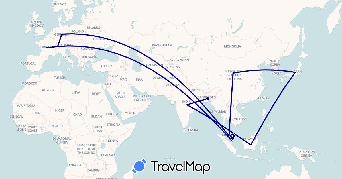 TravelMap itinerary: driving in Bangladesh, Switzerland, China, Germany, France, Indonesia, India, Japan, Malaysia, Singapore (Asia, Europe)